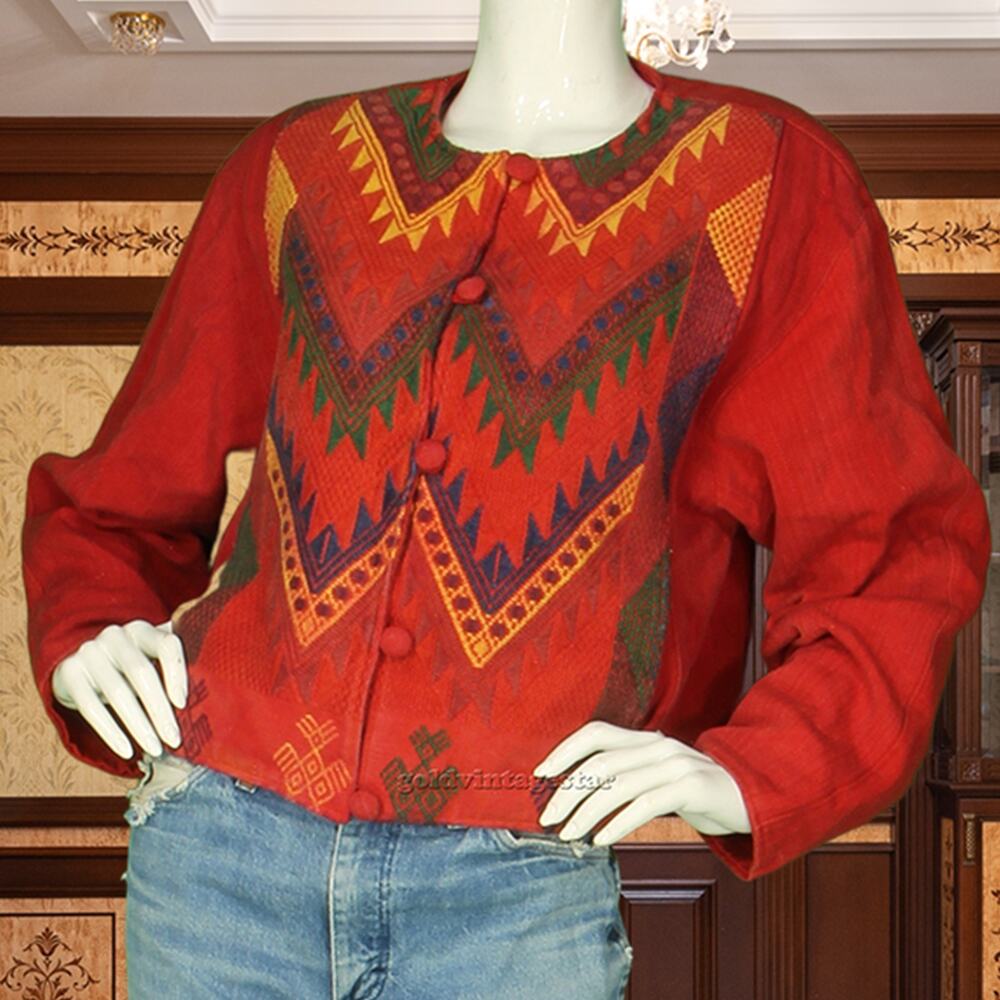 Vintage Guatemala Hand Woven Red Cotton Blazer Jacket L